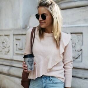 Women’s J. Crew Light Pink Ruffle Sweater 100% Merino Wool Size XS